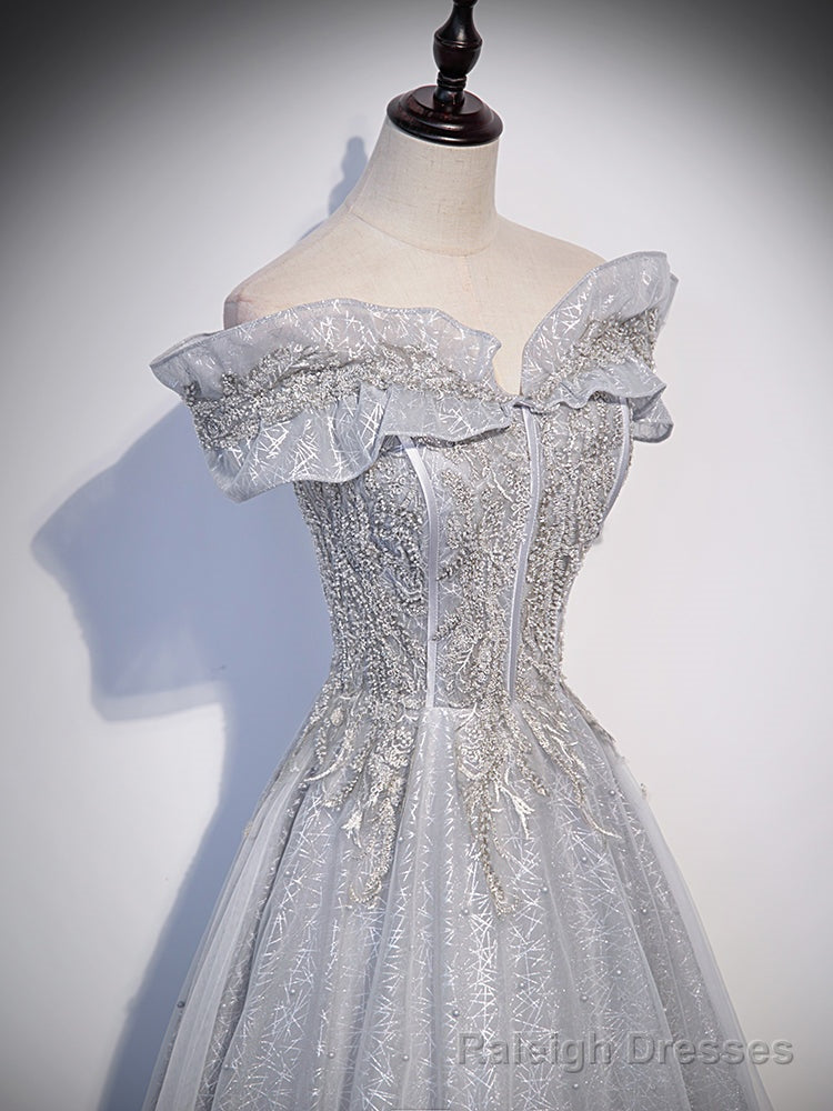 Sliver-Grey Shiny Tulle Off Shoulder Prom Dress, Sliver Long Prom Dresses