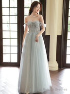Sliver Grey Tulle Beaded Straps Long Prom Dresses Grey Tulle Prom Dresses