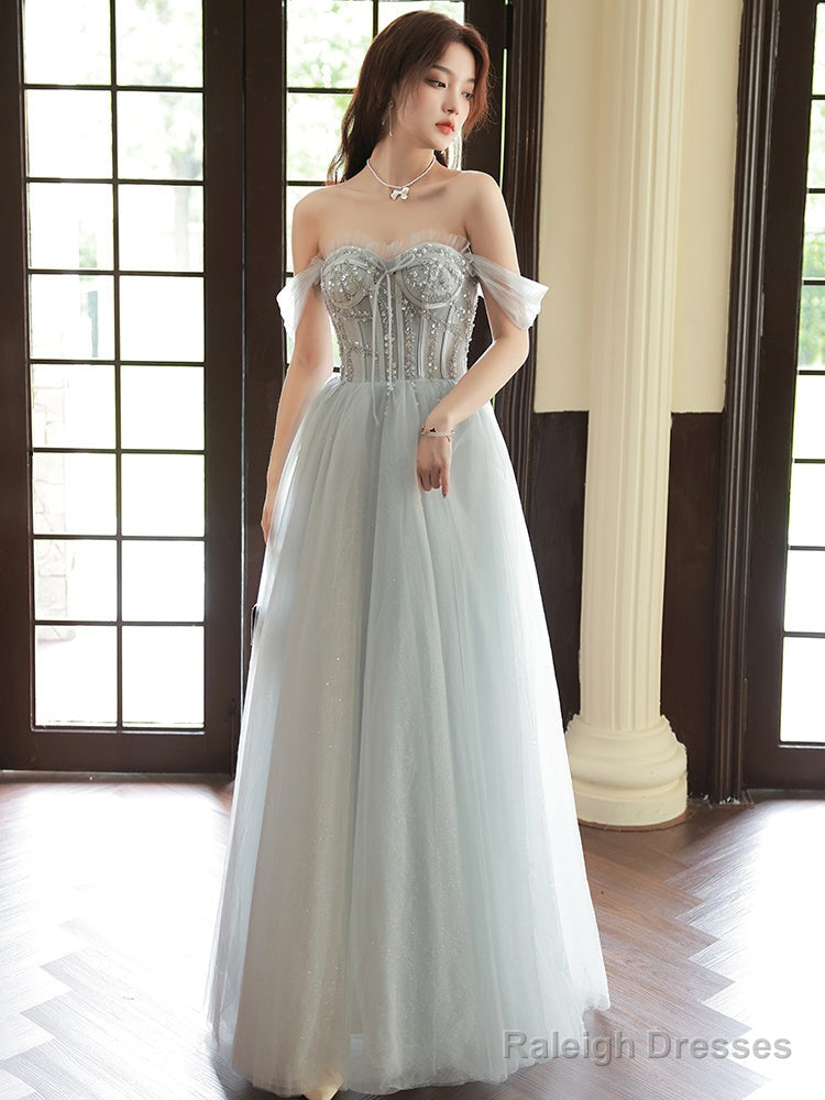 Sliver Grey Tulle Beaded Straps Long Prom Dresses Grey Tulle Prom Dresses
