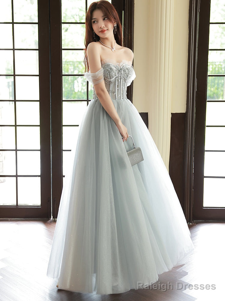 Sliver Grey Tulle Beaded Straps Long Prom Dresses Grey Tulle Prom Dresses