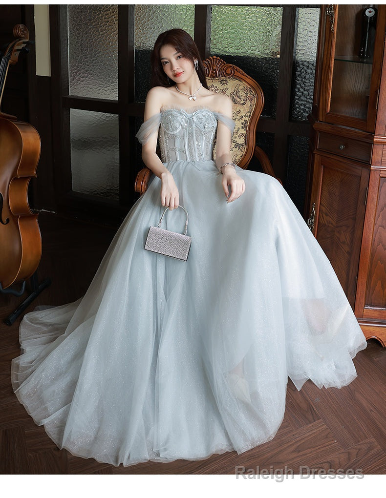 Sliver Grey Tulle Beaded Straps Long Prom Dresses Grey Tulle Prom Dresses