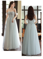 Sliver Grey Tulle Beaded Straps Long Prom Dresses Grey Tulle Prom Dresses