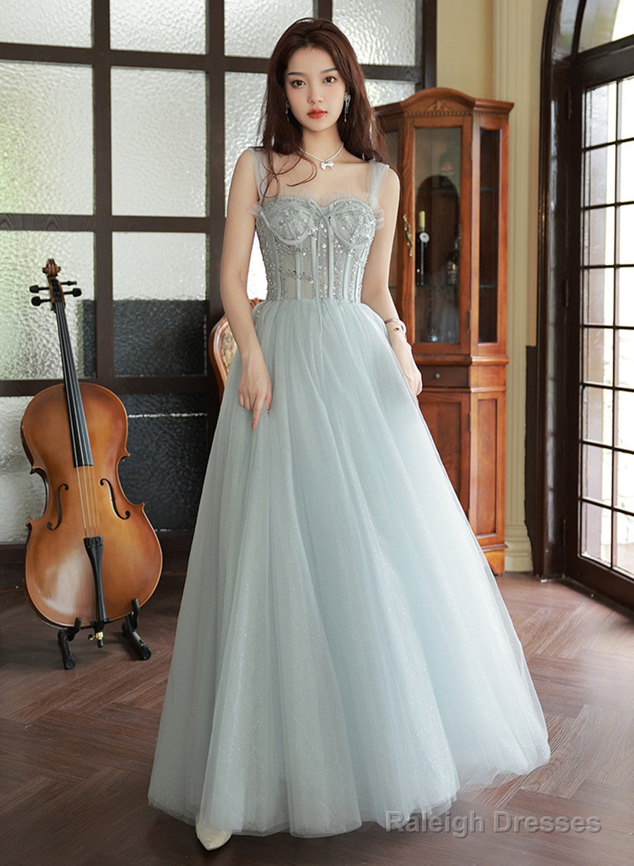 Sliver Grey Tulle Beaded Straps Long Prom Dresses Grey Tulle Prom Dresses