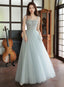 Sliver Grey Tulle Beaded Straps Long Prom Dresses Grey Tulle Prom Dresses