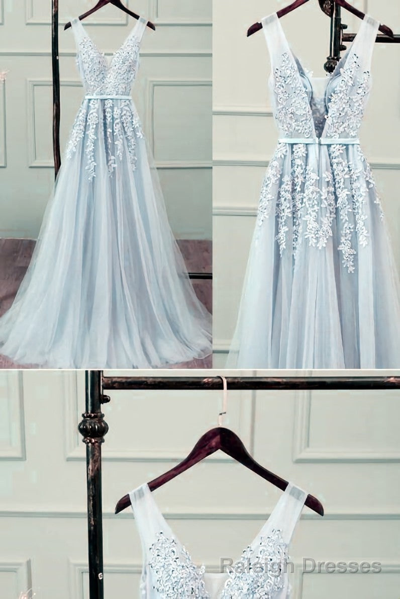 Sliver-Grey Tulle Long Lace V Neckline Prom Dress, Floor Length Prom Dress Main image