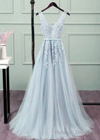 Sliver-Grey Tulle Long Lace V Neckline Prom Dress, Floor Length Prom Dress