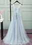 Sliver-Grey Tulle Long Lace V Neckline Prom Dress, Floor Length Prom Dress
