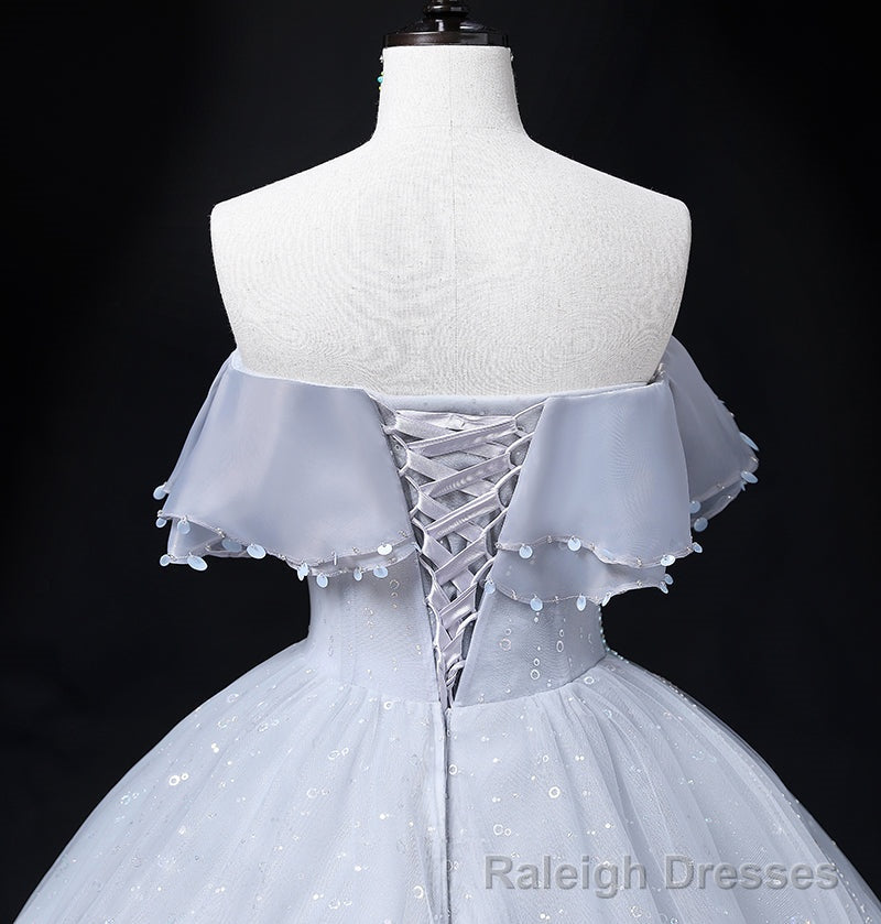 Sliver Grey Tulle Off Shoulder Long Party Dress, Tulle Evening Dress Prom Dress