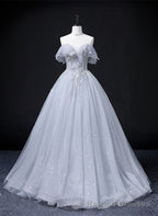 Sliver Grey Tulle Off Shoulder Long Prom Dress, Tulle Prom Dress