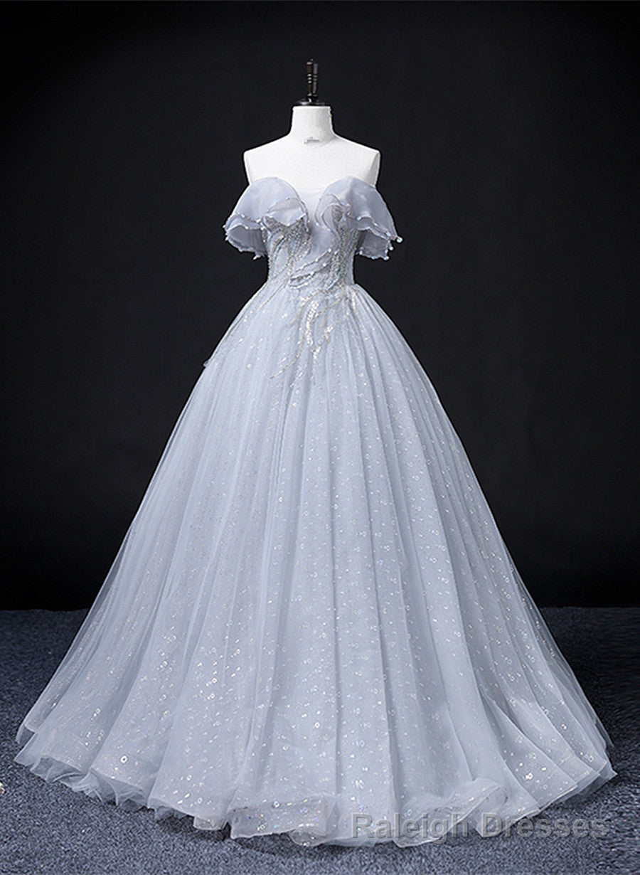 Sliver Grey Tulle Off Shoulder Long Prom Dress, Tulle Prom Dress