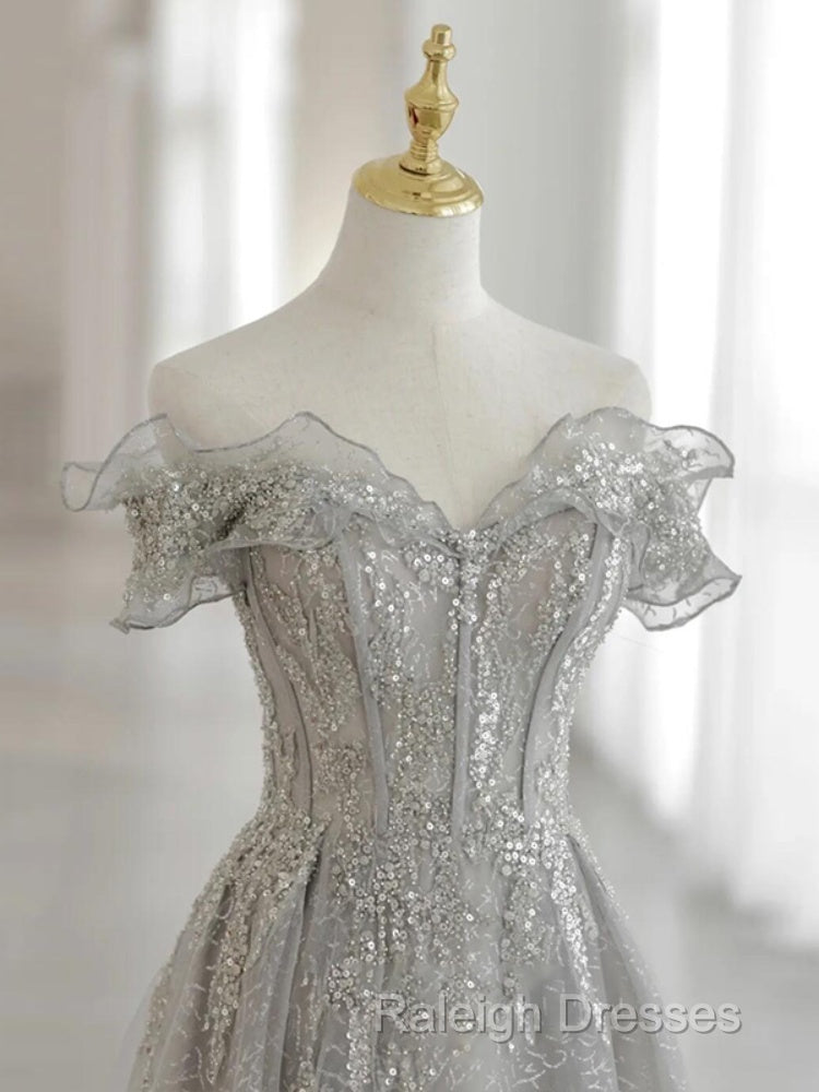 Sliver-Grey Tulle With Sequins Long Party Dress,A-Line Floor Length Prom Dresses Secondary image