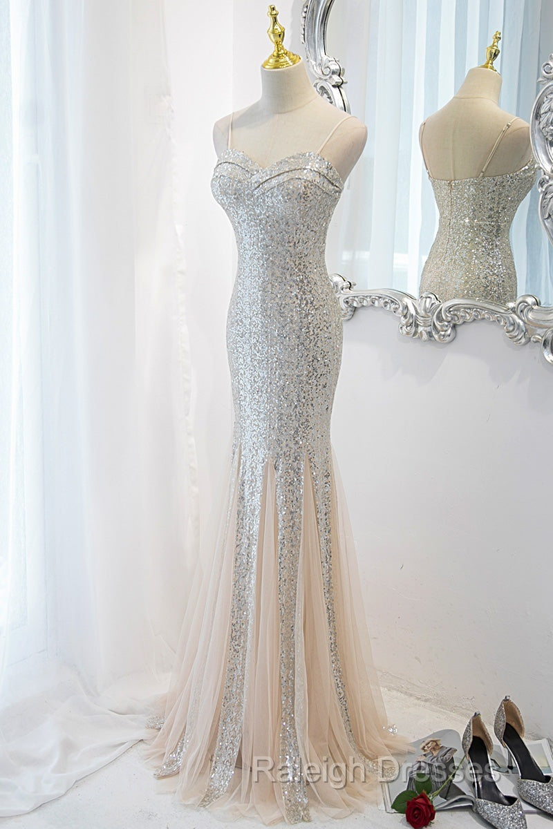 Sliver Sequins Mermaid Straps Long Evening Gown Prom Dress, Long Party Dress Formal Dresses Secondary image