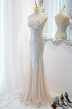 Sliver Sequins Mermaid Straps Long Evening Gown Prom Dress, Long Party Dress Formal Dresses