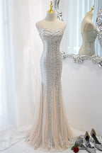 Sliver Sequins Mermaid Straps Long Prom Gown Prom Dresses Long Prom Dresses