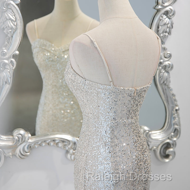 Sliver Sequins Mermaid Straps Long Evening Gown Prom Dress, Long Party Dress Formal Dresses