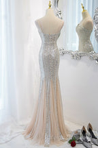 Sliver Sequins Mermaid Straps Long Evening Gown Prom Dress, Long Party Dress Formal Dresses