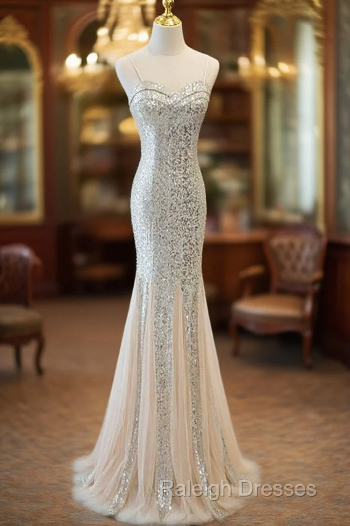 Sliver Sequins Mermaid Straps Long Evening Gown Prom Dress, Long Party Dress Formal Dresses