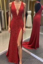 Backless Royal Blue Sequins Prom Gown with Slit