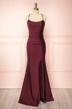 Burgundy Prom Dresses, Sheath/Column Scoop Neck Silk-like Satin Floor Length Ruffles Bridesmaid Dresses