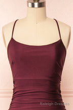 Burgundy Prom Dresses, Sheath/Column Scoop Neck Silk-like Satin Floor Length Ruffles Bridesmaid Dresses