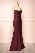 Burgundy Prom Dresses, Sheath/Column Scoop Neck Silk-like Satin Floor Length Ruffles Bridesmaid Dresses