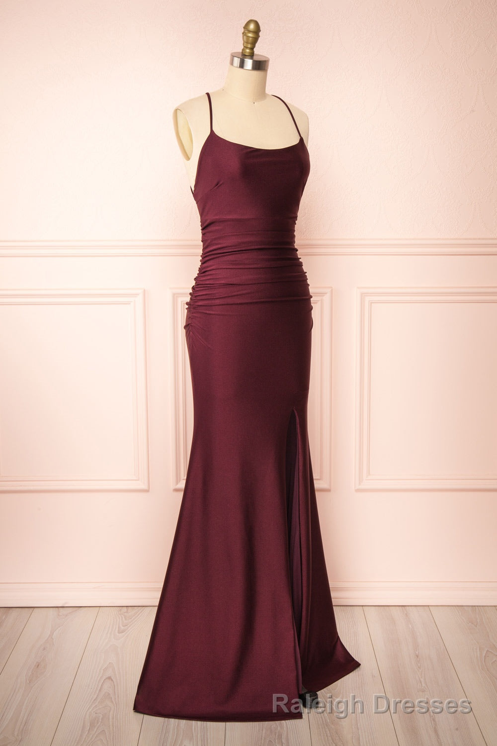 Burgundy Prom Dresses, Sheath/Column Scoop Neck Silk-like Satin Floor Length Ruffles Bridesmaid Dresses