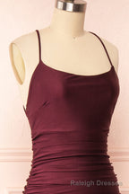 Burgundy Prom Dresses, Sheath/Column Scoop Neck Silk-like Satin Floor Length Ruffles Bridesmaid Dresses