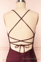 Burgundy Prom Dresses, Sheath/Column Scoop Neck Silk-like Satin Floor-length Ruffles Bridesmaid Dresses