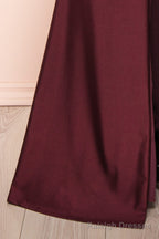 Burgundy Prom Dresses, Sheath/Column Scoop Neck Silk-like Satin Floor Length Ruffles Bridesmaid Dresses