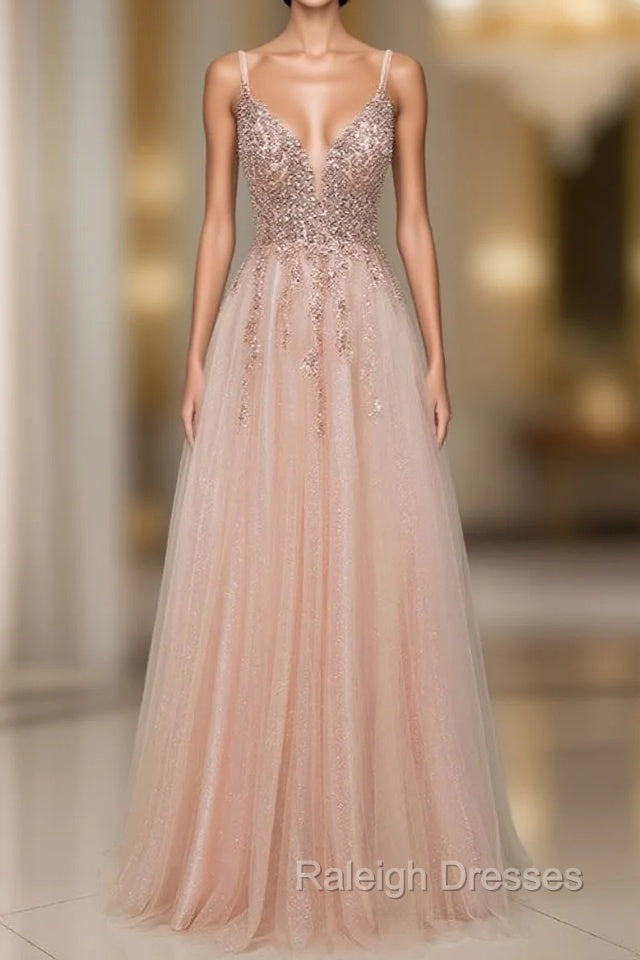 Spagehetti-Strap V-Neck Sleeveless Prom Dress with Beading