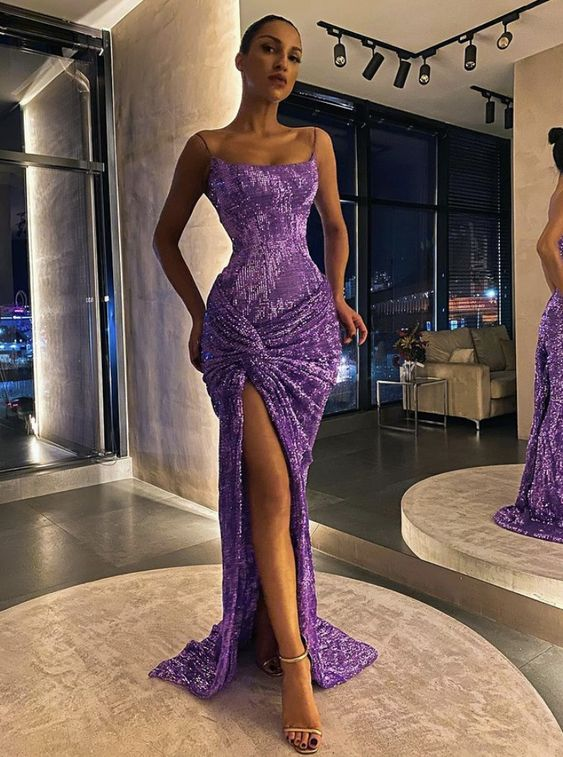 Purple Shiny Sequins Spaghetti Straps Long Slim High Slit Sexy Mermaid Ball Gown Evening Dress Party Dress Main image