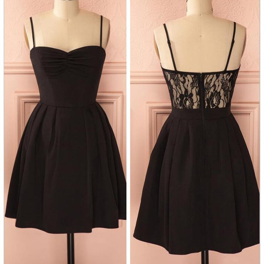 Spaghetti strap black simple lace cheap sexy homecoming Formal Prom Dress