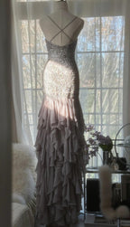 Elegant Purple Spaghetti Strap Appliques Bodycon Open Back Prom Dress Chiffon Sequin Long Prom Dress