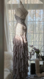 Elegant Purple Spaghetti Strap Appliques Bodycon Open Back Prom Dress Chiffon Sequin Long Prom Dress