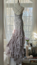 Elegant Purple Spaghetti Strap Appliques Bodycon Open Back Prom Dress Chiffon Sequin Long Prom Dress