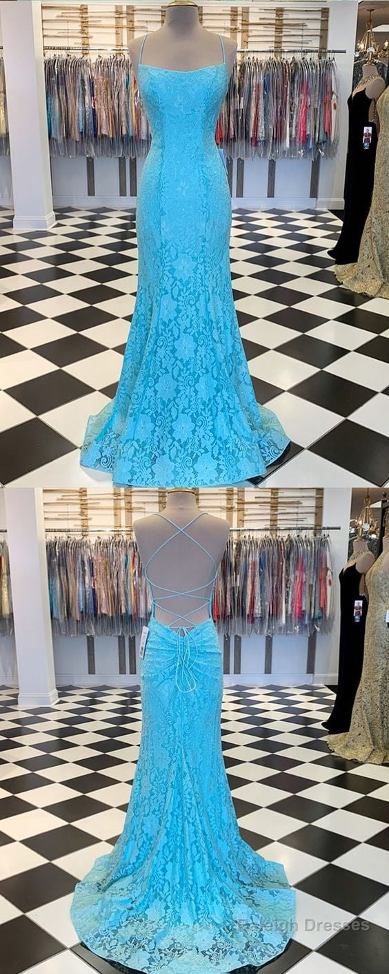 Spaghetti Strap Cyan Lace Mermaid Prom Dress Main image