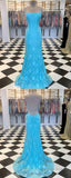 Spaghetti Strap Cyan Lace Mermaid Prom Dress
