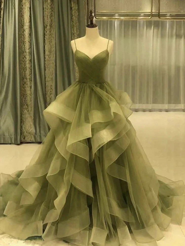 Spaghetti Strap Green A Line Long Prom Dress Formal Evening Gown Party Dress Main image