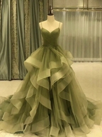 Spaghetti Strap Green A Line Long Prom Dress Formal Evening Gown Party Dress