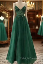 Spaghetti Strap Green A Line Long Prom Dress V Neck Formal Evening Gown Party Dress