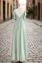Spaghetti Strap Ruffles V Neck Chiffon Dusty Sage Green Bridesmaid Dresses