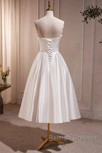 Spaghetti Strap Satin White Floral Short Prom Dress