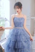 Spaghetti Strap Tulle Short Prom Dresses Cute Blue Homecoming Prom Dresses