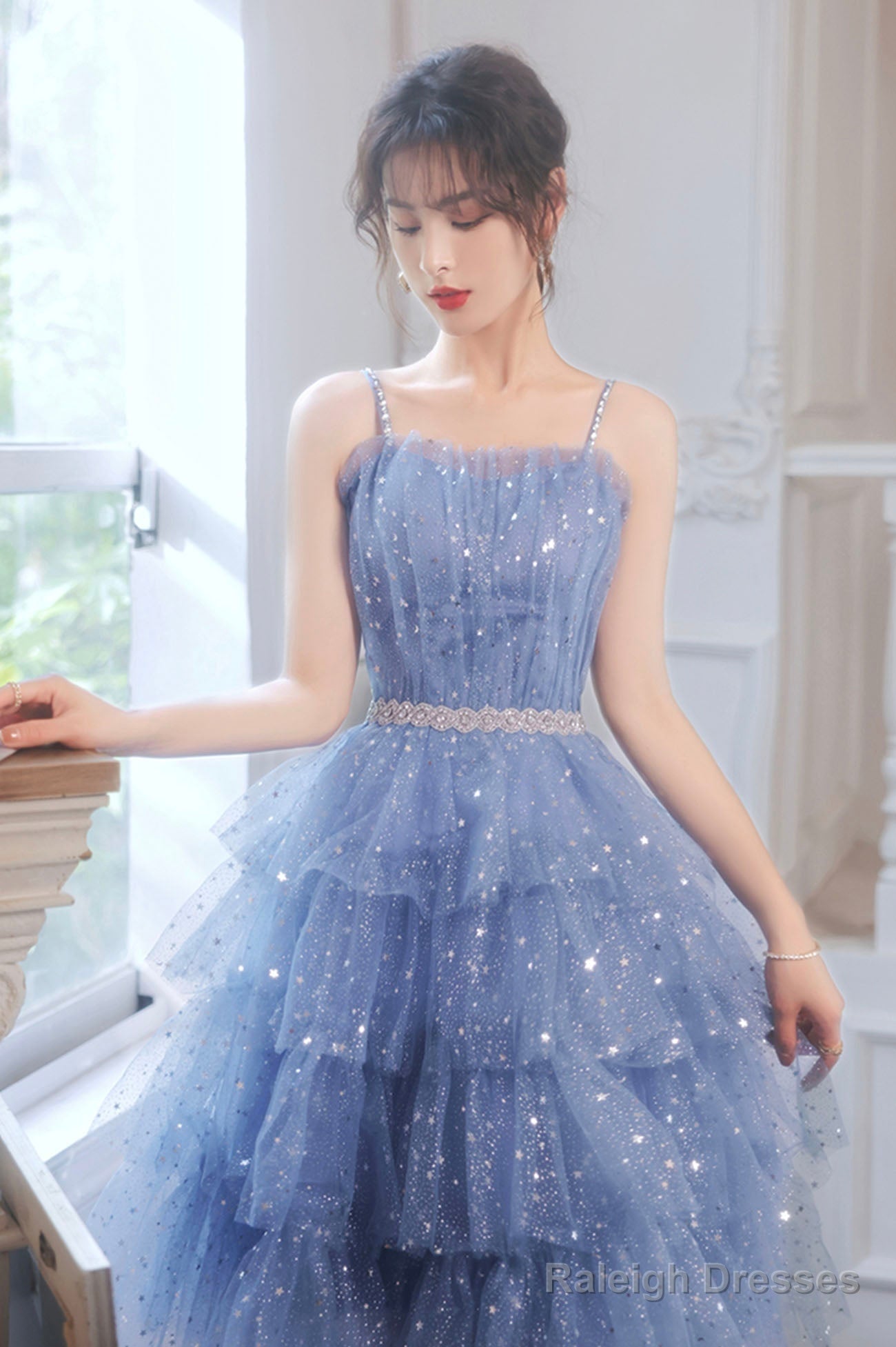 Spaghetti Strap Tulle Short Prom Dresses Cute Blue Homecoming Prom Dresses