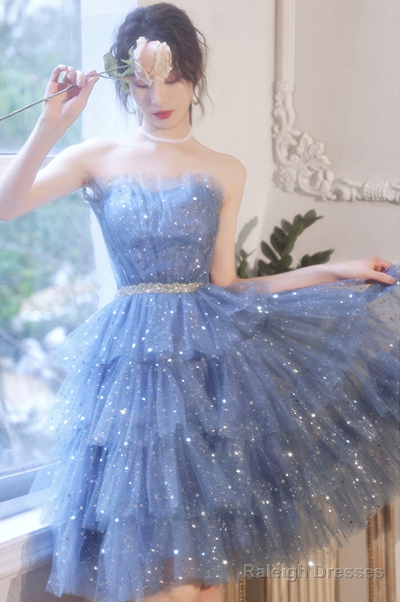 Spaghetti Strap Tulle Short Prom Dress, Cute Blue Homecoming Party Dress