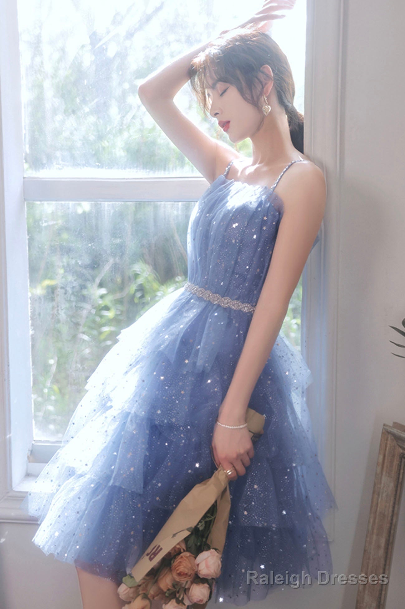 Spaghetti Strap Tulle Short Prom Dresses Cute Blue Homecoming Prom Dresses