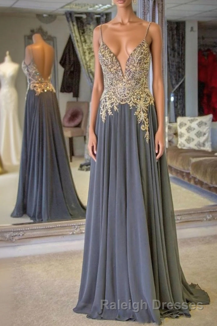 Gray Spaghetti Straps A-line Beaded Long Prom Dresses