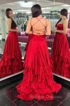 Spaghetti Straps A Line Lace-Up Ruffle Tiered Red Prom Dress with Slit