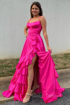 Spaghetti Straps A Line Lace-Up Ruffle Tiered Red Prom Dress with Slit