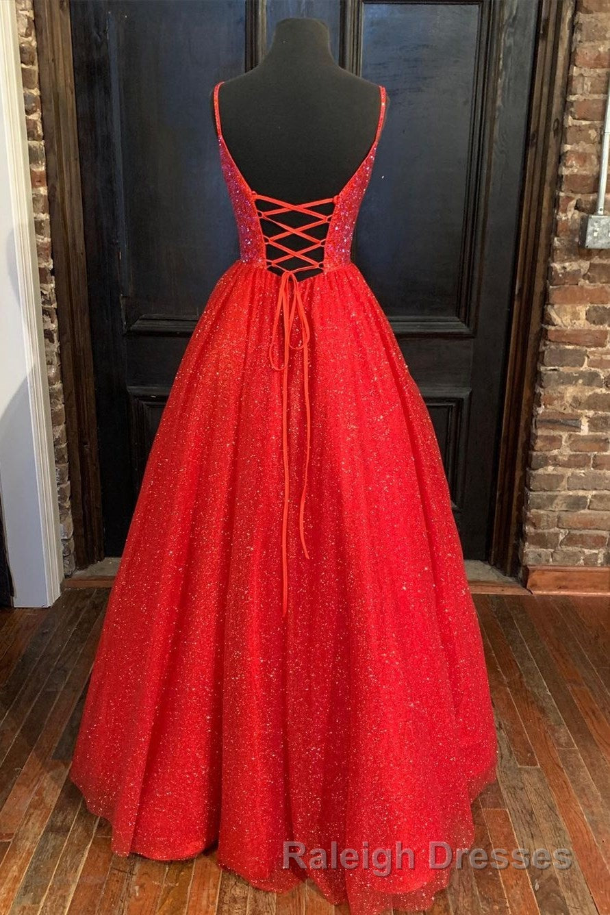 Spaghetti Straps A-line Red Shiny Prom Gown,Long Prom Dresses Secondary image